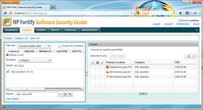 HP Software Security Center enables grouping and searching by CWE. 